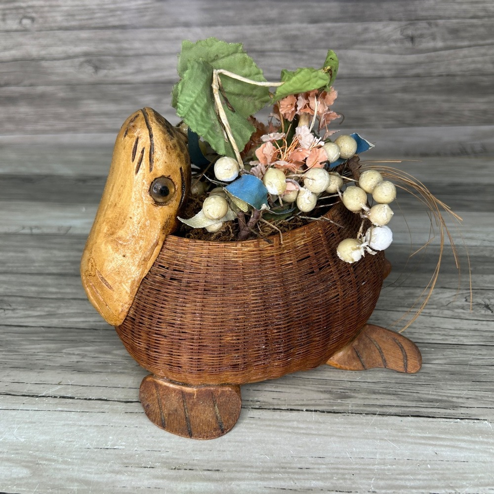 Vintage Wicker Turtle Basket Wood Head Carved Woven Rattan Rustic Boho Planter